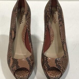 Women’s Gucci Snakeskin Leather Platform Peep Toe Pump Earth Tones Size 39.5